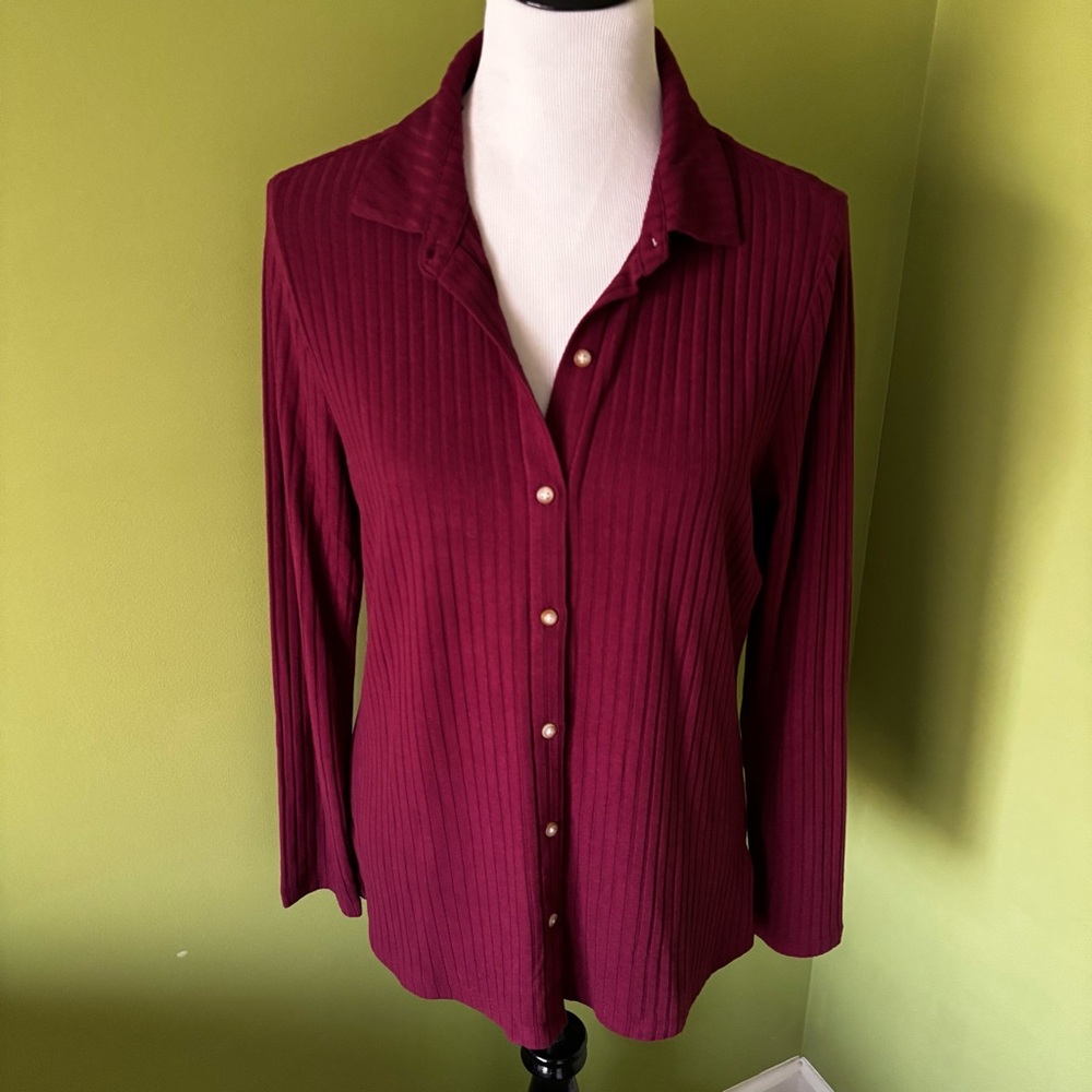 Lands' End Women's Burgundy Long Sleeve Wide Rib Button Front Polo Shirt